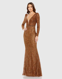 Embellished Long Sleeve Plunge Trumpet Gown - Black
