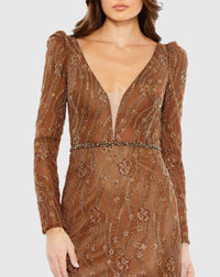 Embellished Long Sleeve Plunge Trumpet Gown - Black