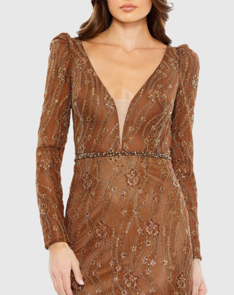 Embellished Long Sleeve Plunge Trumpet Gown - Black