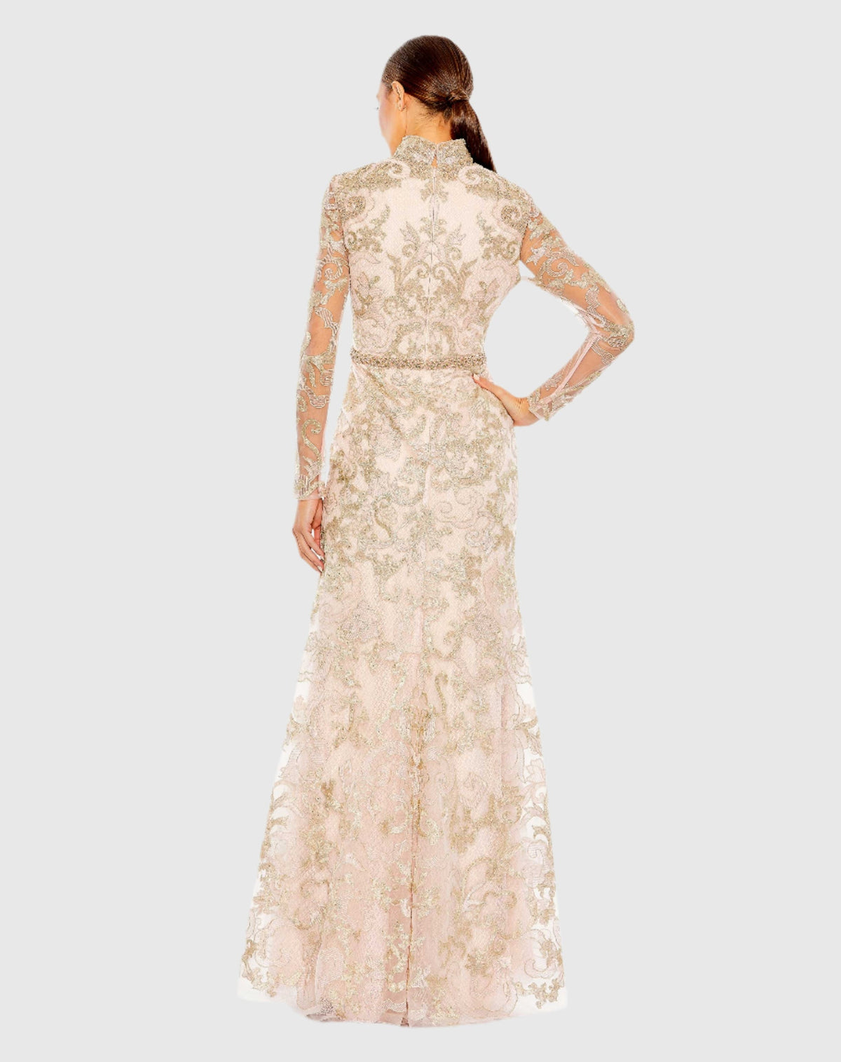 Long Sleeve Applique V-Neck Gown - Blush