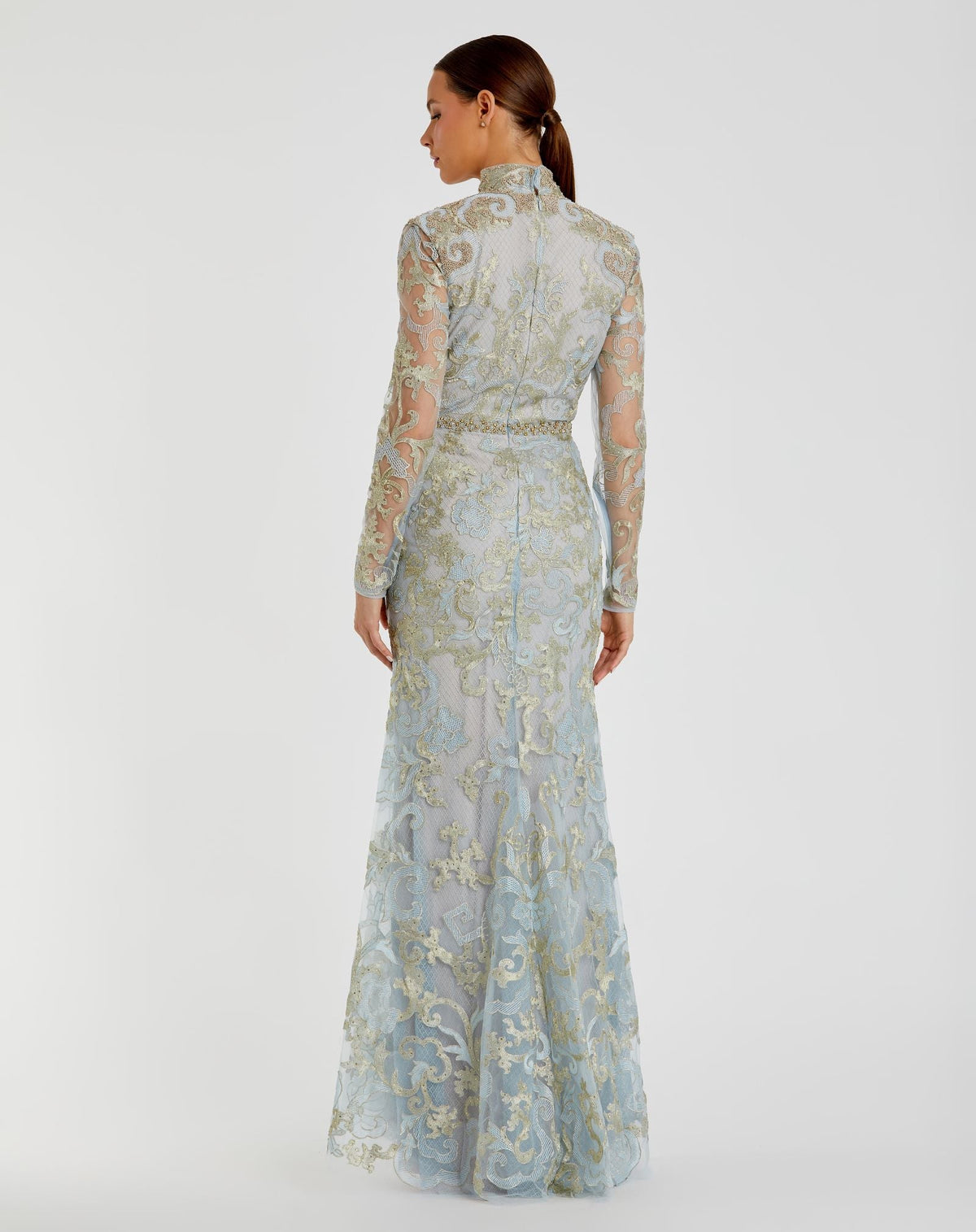 Long Sleeve Applique V-Neck Gown - Blush