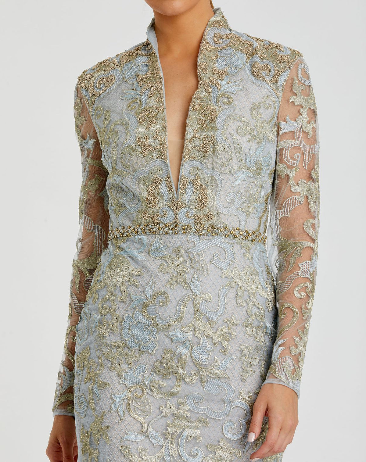 Long Sleeve Applique V-Neck Gown - Powder Blue