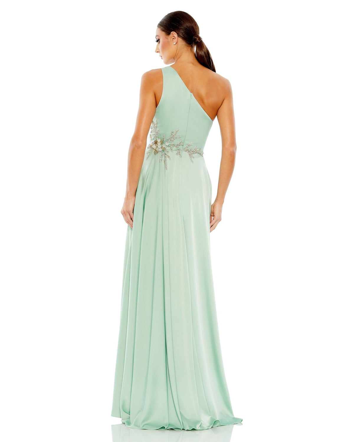 mac duggal EMBELLISHED ONE SHOULDER ASYMMETRICAL GOWN, sage gown back view