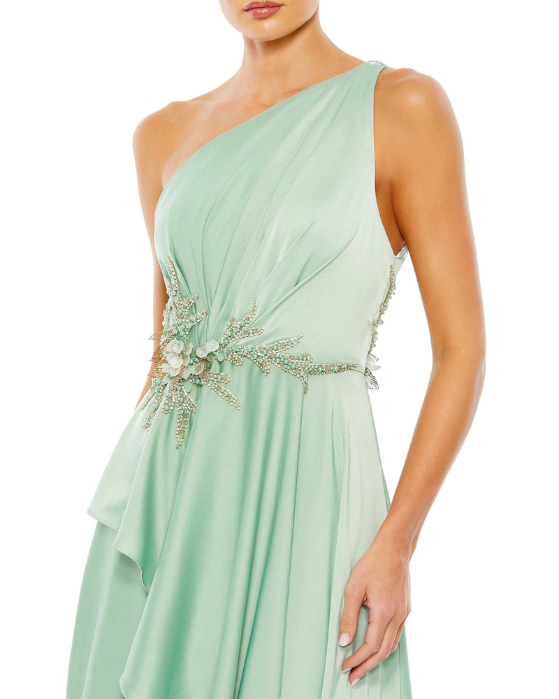 mac duggal EMBELLISHED ONE SHOULDER ASYMMETRICAL GOWN, sage gown close up