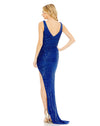 Sequin draped faux wrap asymmetrical hem gown - Cobalt