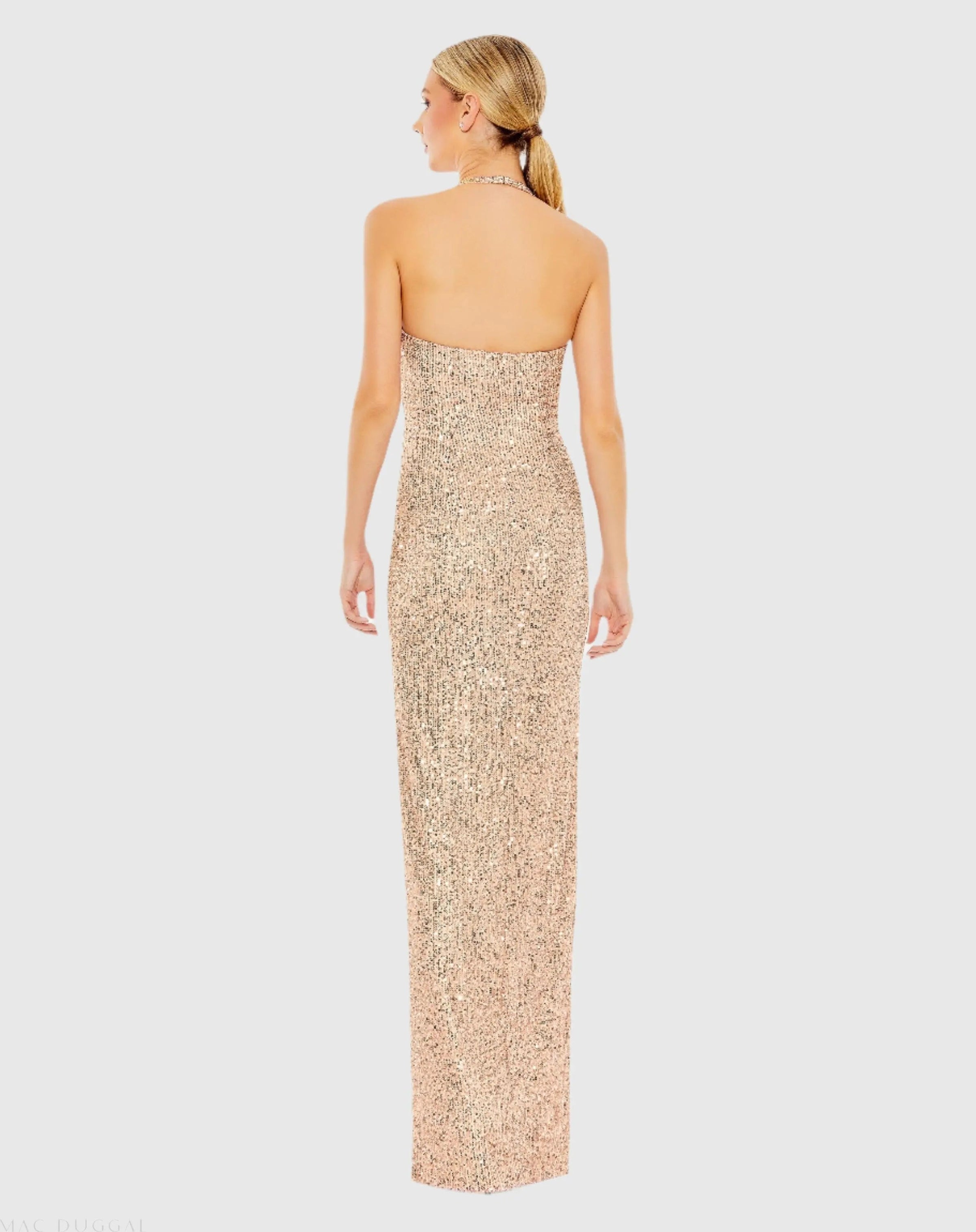 Gold Sequined Halter Strap Low Side Knot Gown - Back