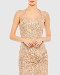 Gold Sequined Halter Strap Low Side Knot Gown - Close Up