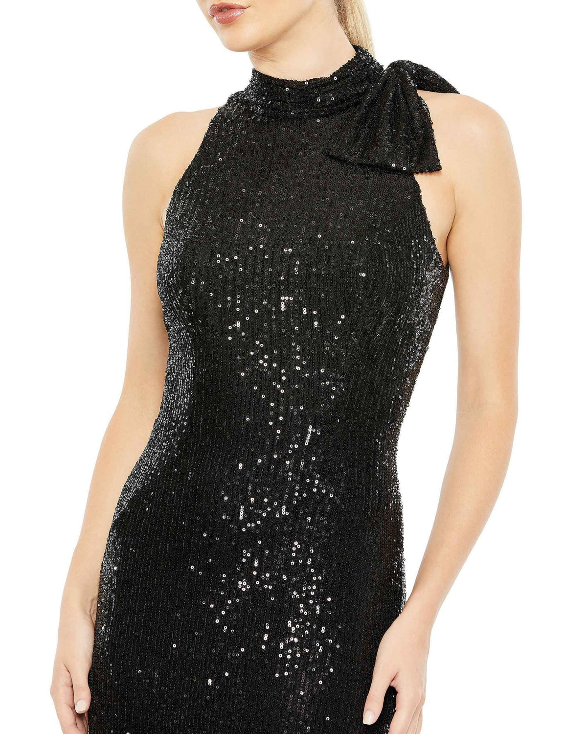Sequin tie neck column sleeveless gown - Black close up