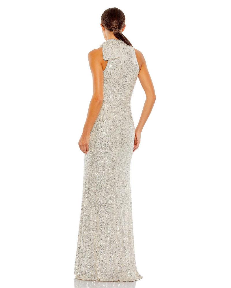 Sequin tie neck column sleeveless gown - silver