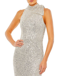 Sequin tie neck column sleeveless gown - silver close up