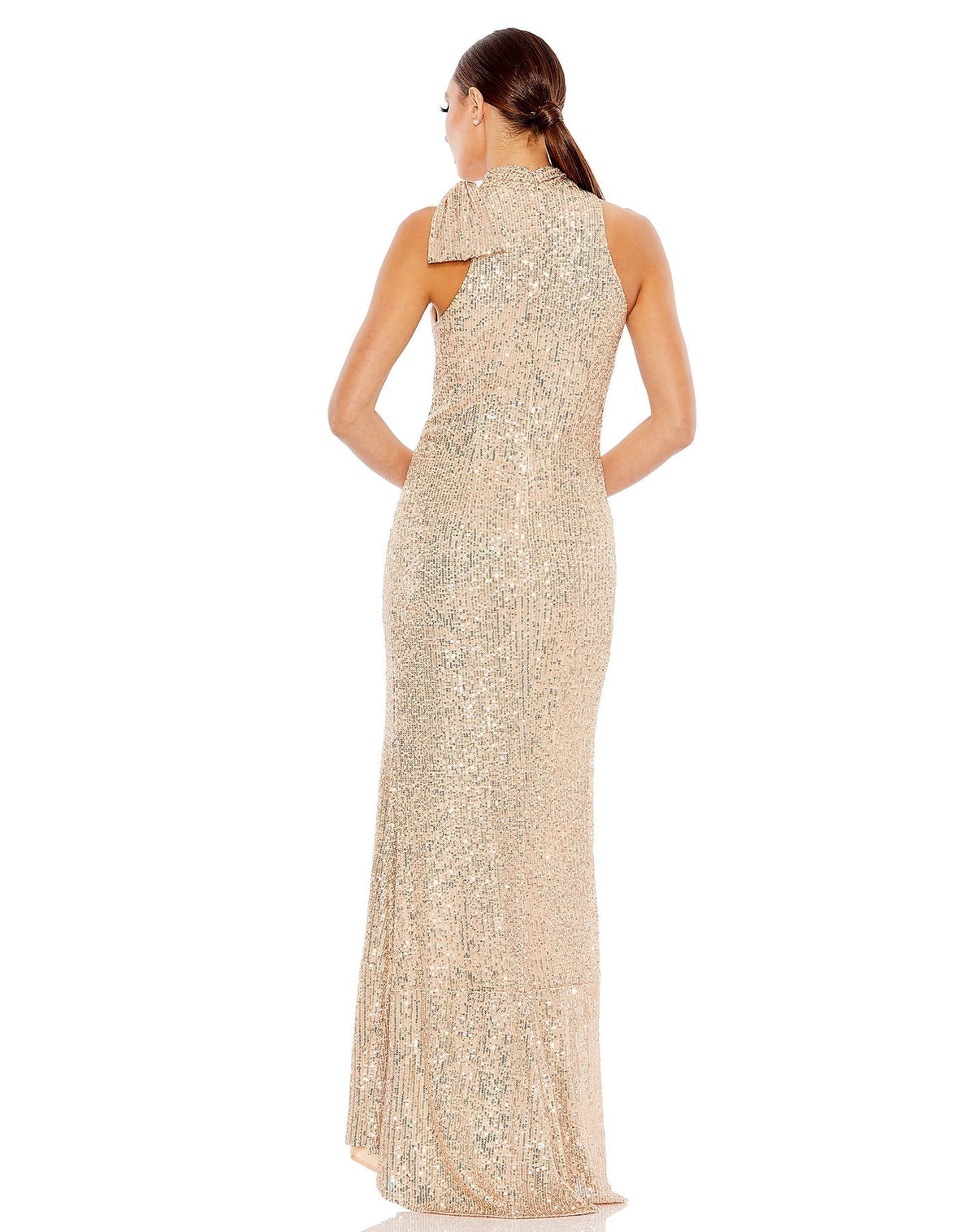 Sequin tie neck column sleeveless gown - rose gold back