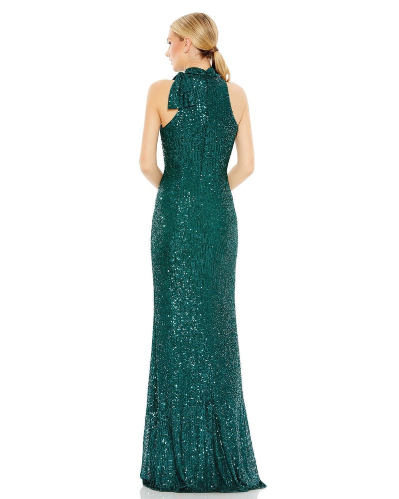 Sequin tie neck column sleeveless gown - teal back view