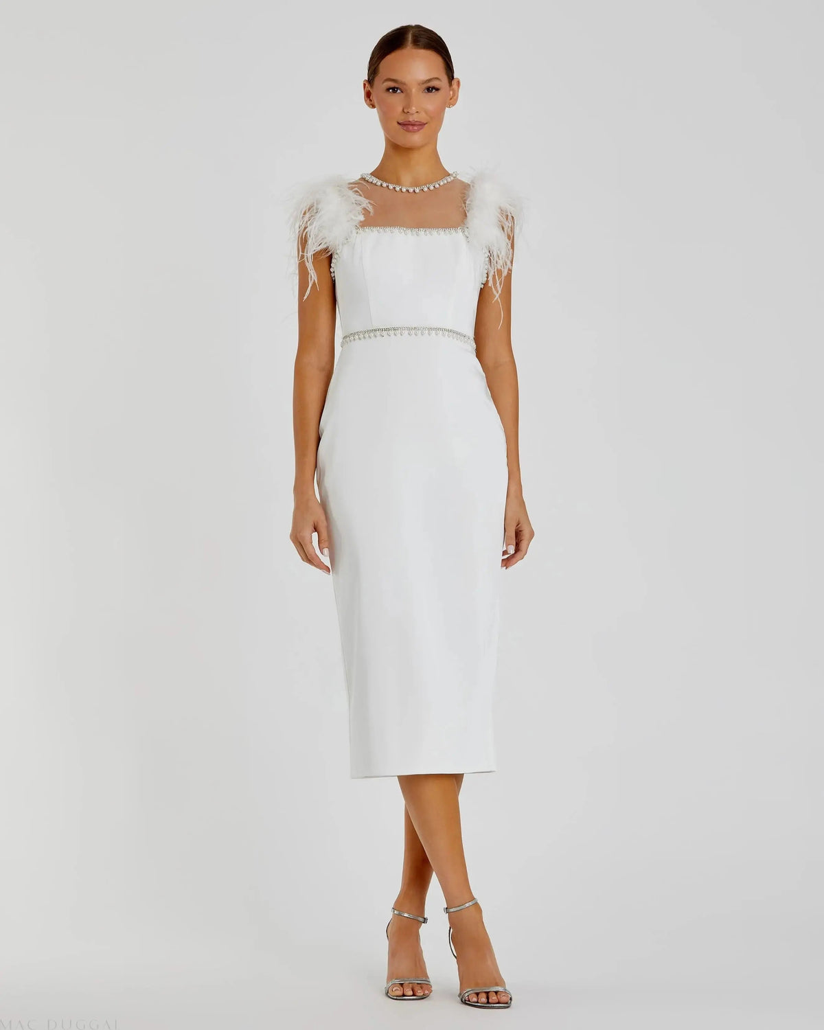 Mac Duggal 11438 White feather cap sleeve pearl embellished tea-length dress - Front