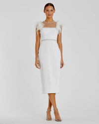 Mac Duggal 11438 White feather cap sleeve pearl embellished tea-length dress - Front