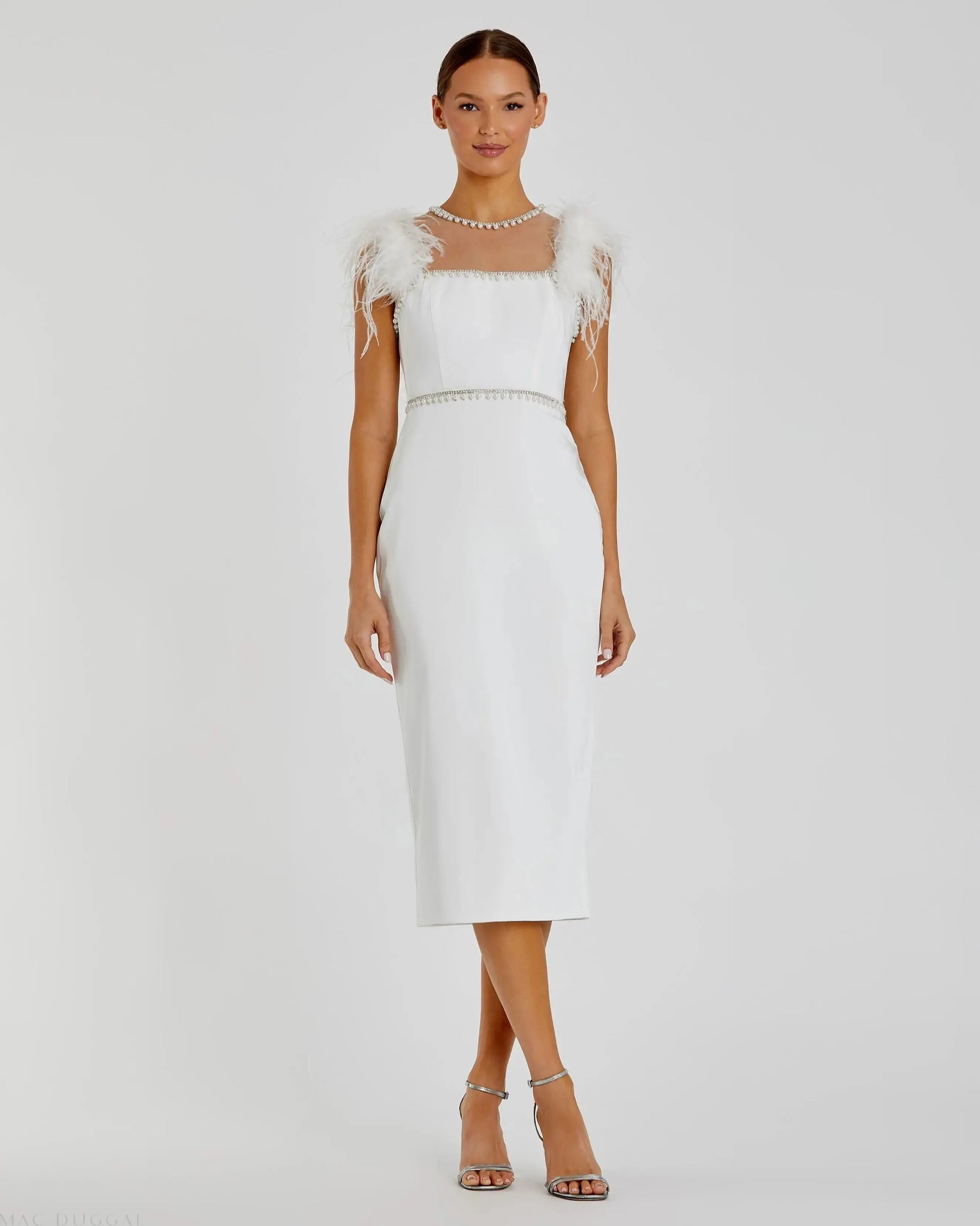 Mac Duggal 11438 White feather cap sleeve pearl embellished tea-length dress - Front