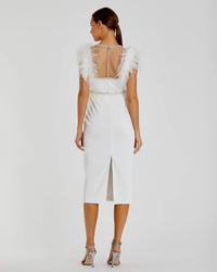 Mac Duggal 11438 White feather cap sleeve pearl embellished tea-length dress - Back view