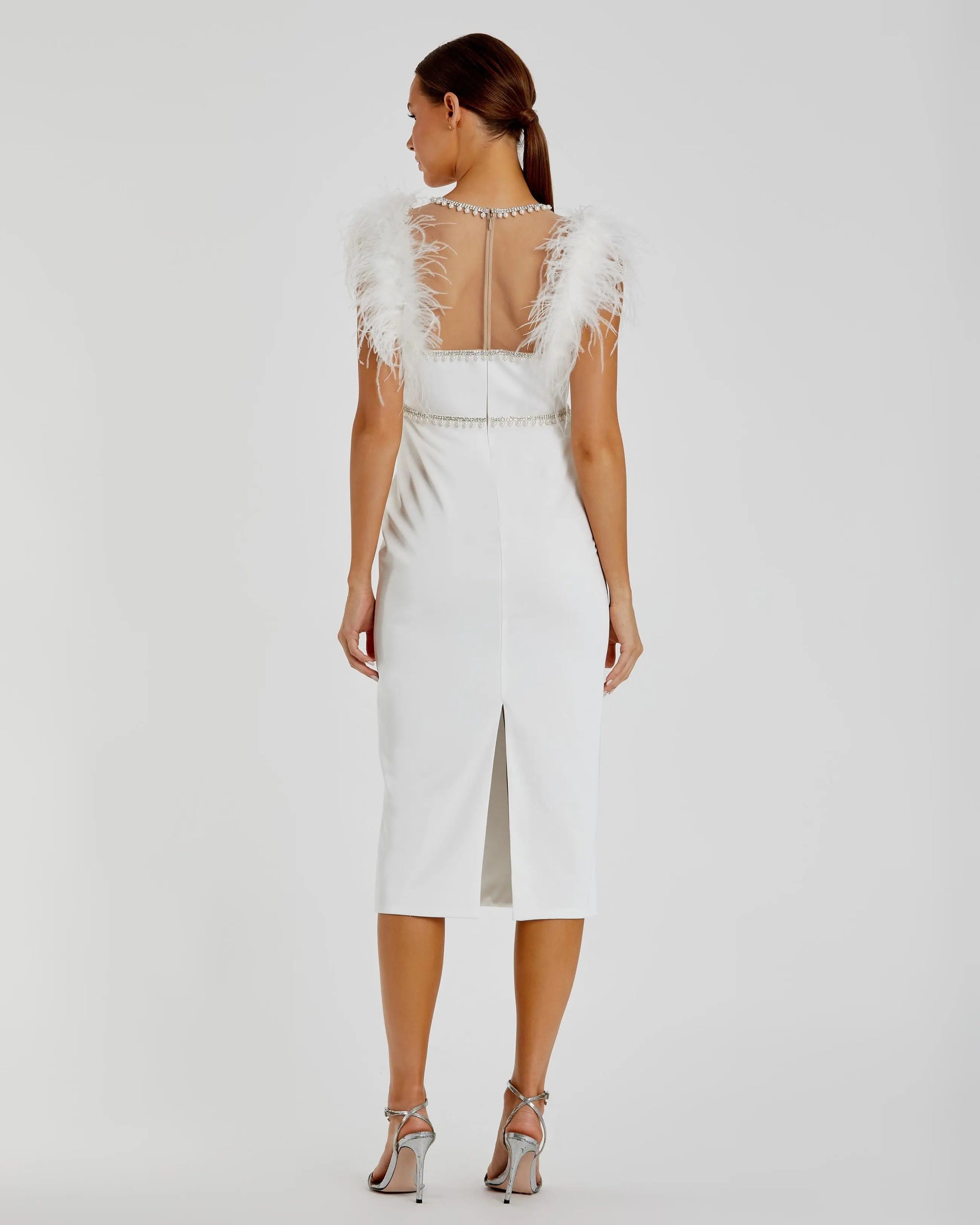 Mac Duggal 11438 White feather cap sleeve pearl embellished tea-length dress - Back view