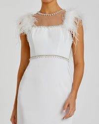 Mac Duggal 11438 White feather cap sleeve pearl embellished tea-length dress - Close up detail