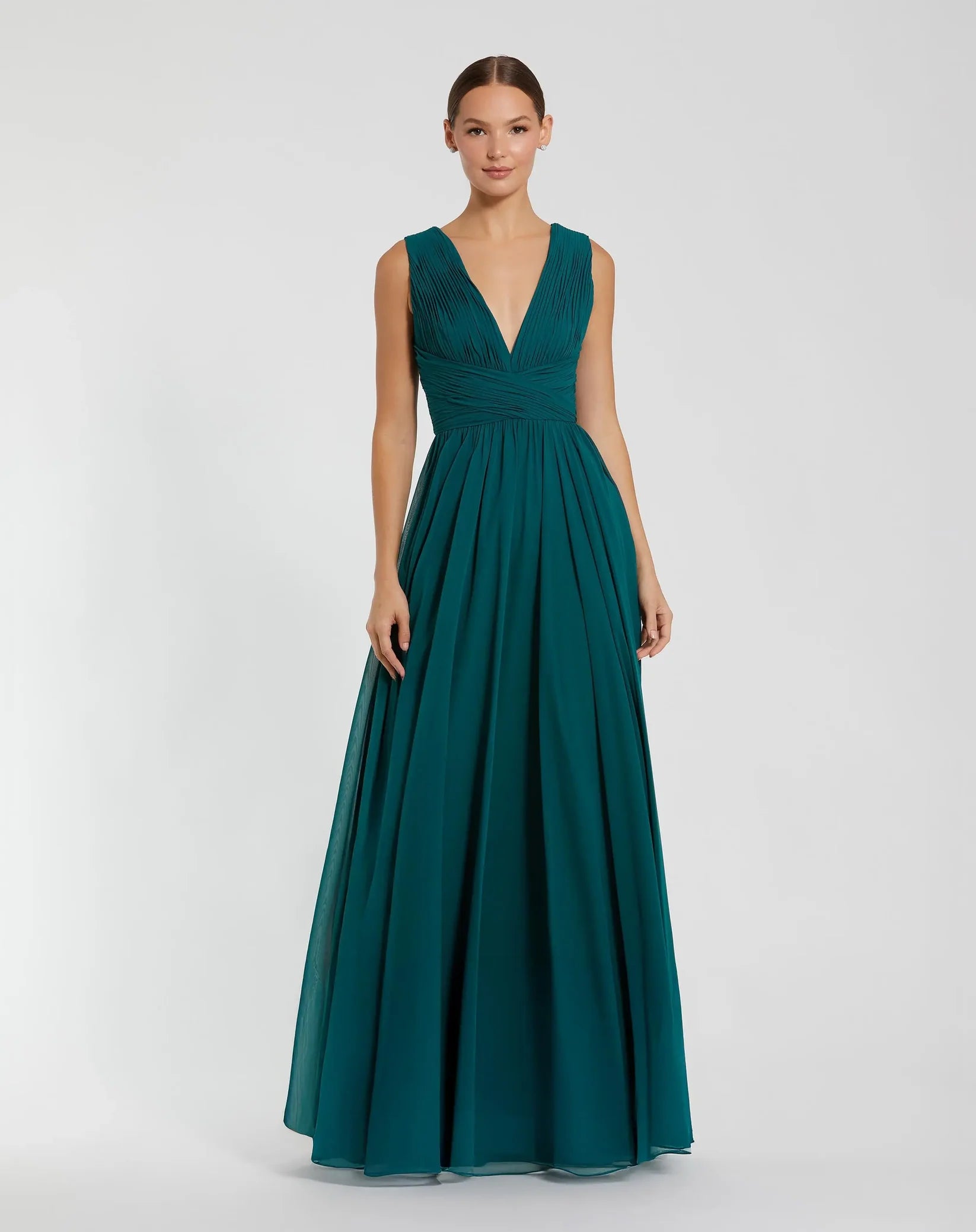 Mac Duggal Teal Sleeveless Ruched V Neck Chiffon Gown #11585