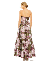 mac duggal, Strapless bottom ruffle floral gown - Olive, Style #11605 back view