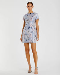 Mac Duggal #11614 blue multi cap sleeve fitted floral mini dress