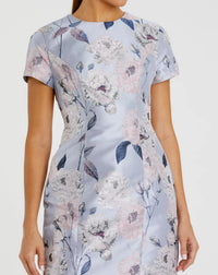 Mac Duggal #11614 blue multi cap sleeve fitted floral mini dress