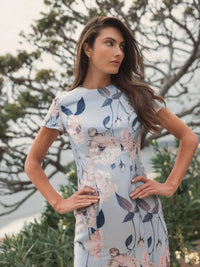 Mac Duggal #11614 blue multi cap sleeve fitted floral mini dress