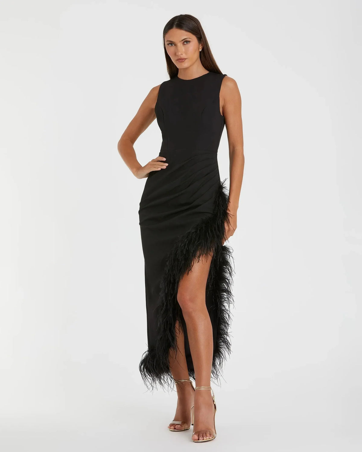 Mac Duggal #11626 Black Ruched High-Low Sheath Dress Feather Trim
