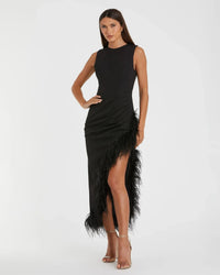 Mac Duggal #11626 Black Ruched High-Low Sheath Dress Feather Trim