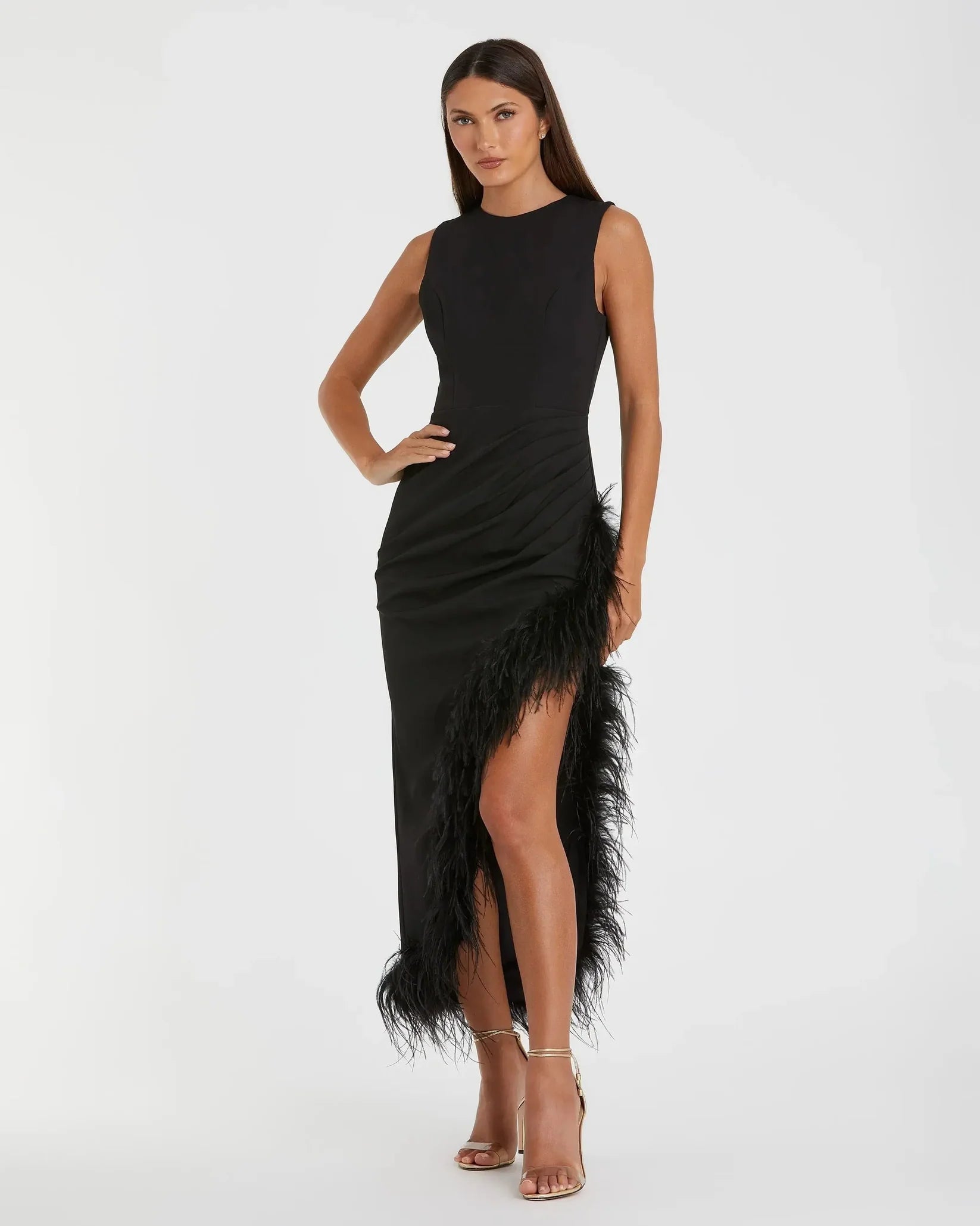 Mac Duggal #11626 Black Ruched High-Low Sheath Dress Feather Trim