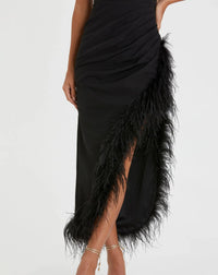 Black dress with feather details on a white background