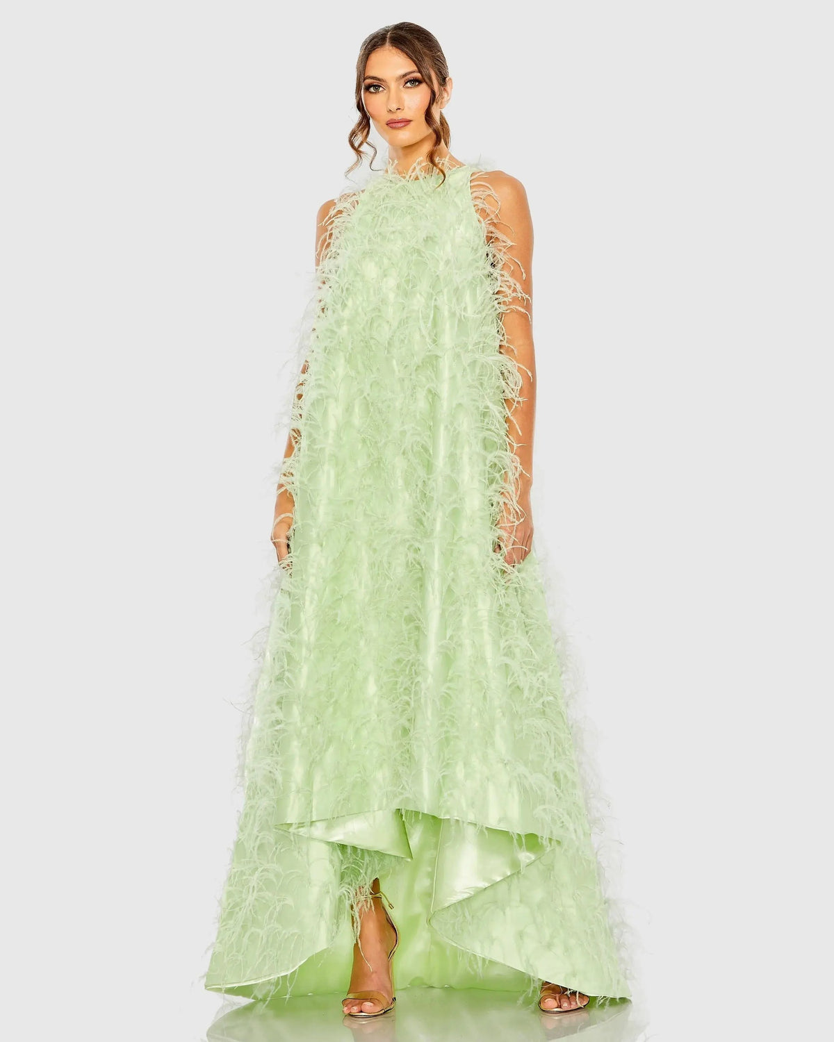 Mac Duggal Green Sleeveless Feather Embellished High Low Gown Mint #11633