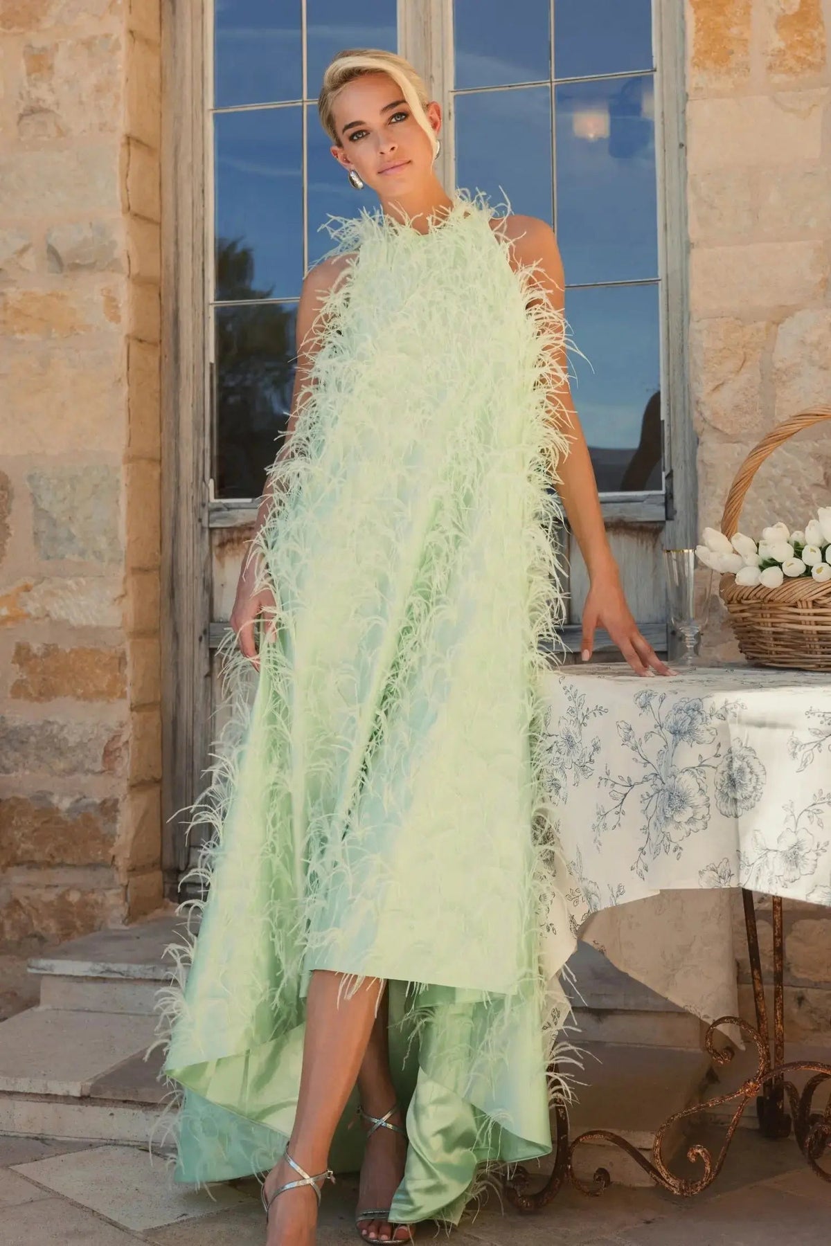 Alternate angle lifestyle view showcasing the elegant, sleeveless profile and dramatic silhouette of the feathered gown.