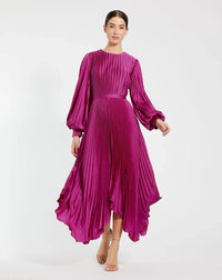 Mac Duggal Long Sleeve Pleated Charmeuse Handkerchief Dress Fuschia Hot Pink #11638