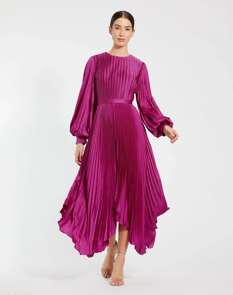 Mac Duggal Long Sleeve Pleated Charmeuse Handkerchief Dress Fuschia Hot Pink #11638