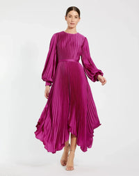 Long Sleeve Pleated Charmeuse Handkerchief Dress - Fuchsia