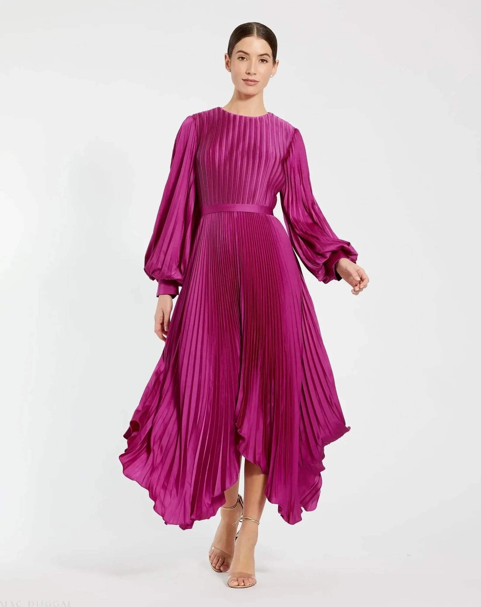Long Sleeve Pleated Charmeuse Handkerchief Dress - Fuchsia