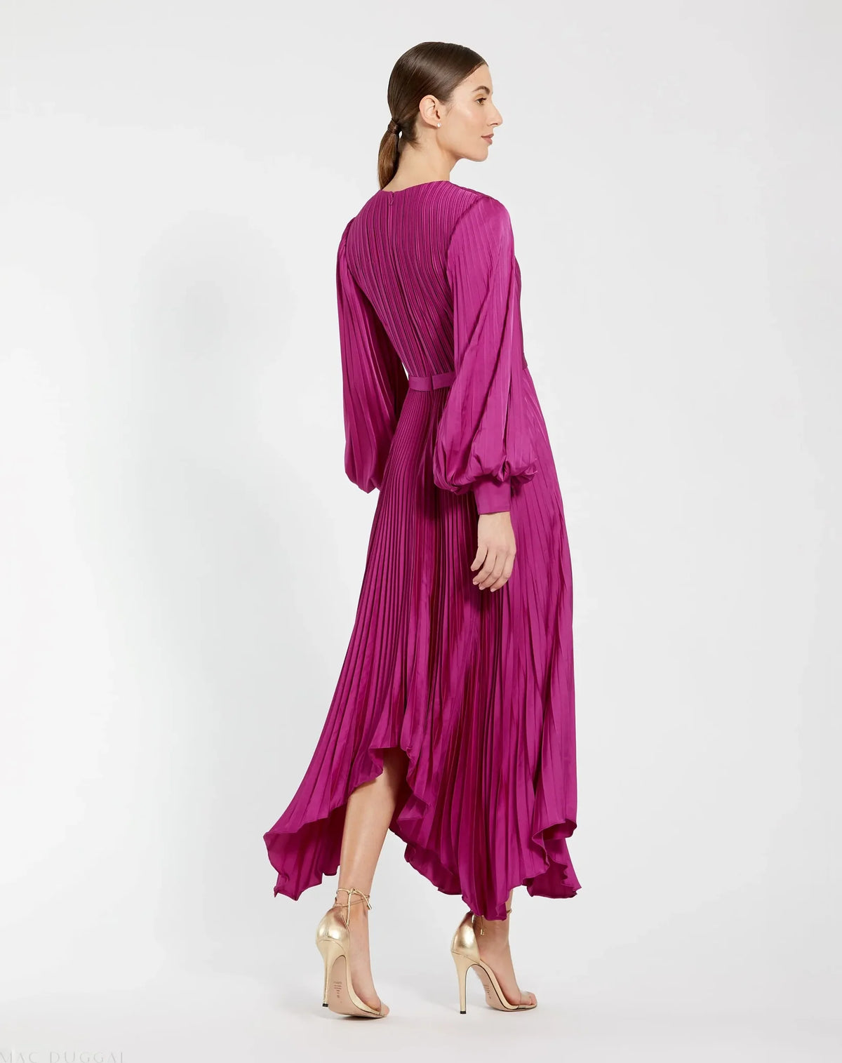 Mac Duggal Long Sleeve Pleated Charmeuse Handkerchief Dress Fuschia Hot Pink #11638