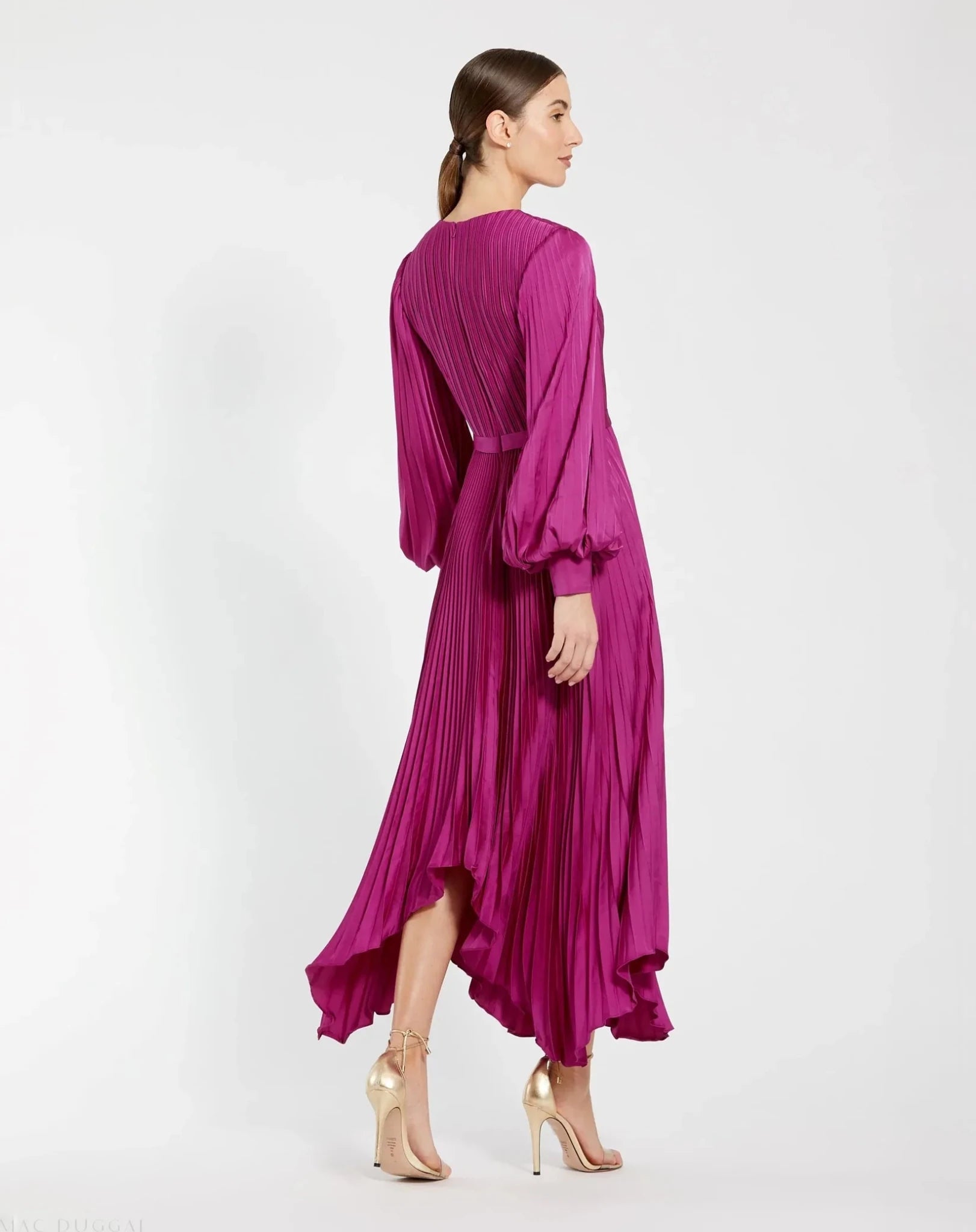 Long Sleeve Pleated Charmeuse Handkerchief Dress - Fuchsia