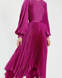 Long Sleeve Pleated Charmeuse Handkerchief Dress - Fuchsia