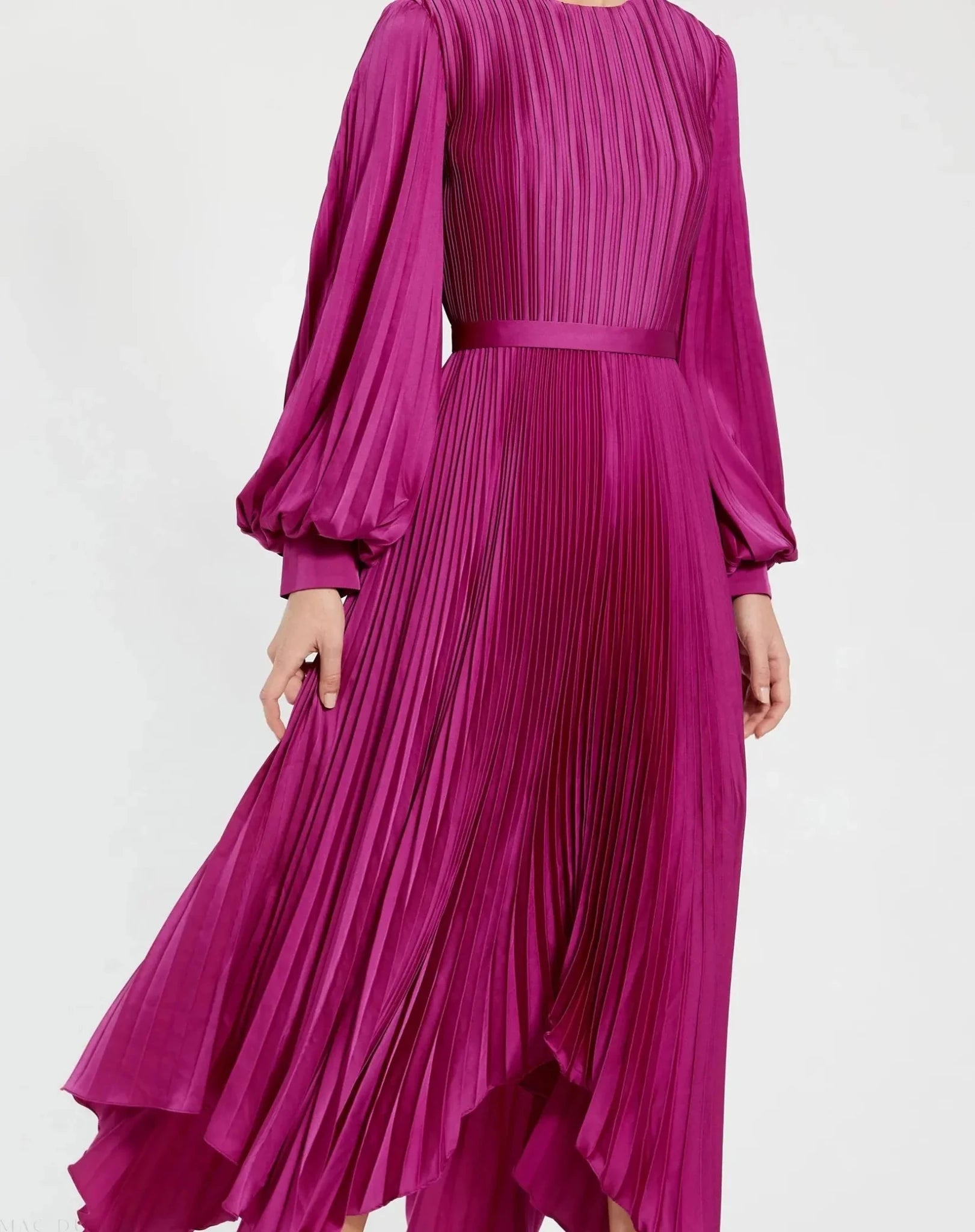 Long Sleeve Pleated Charmeuse Handkerchief Dress - Fuchsia