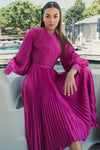 Long Sleeve Pleated Charmeuse Dress - Pink