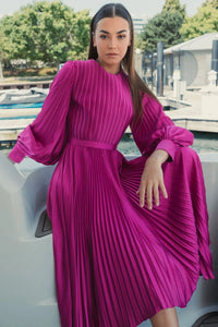 Long Sleeve Pleated Charmeuse Dress - Pink