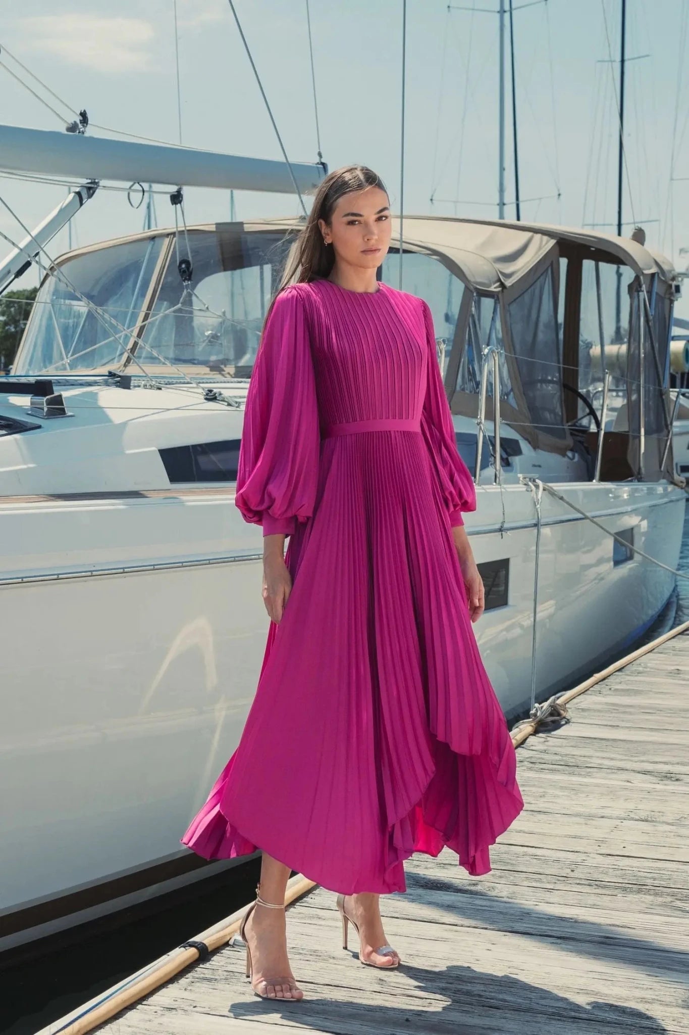 Long Sleeve Pleated Charmeuse Handkerchief Dress - Fuchsia