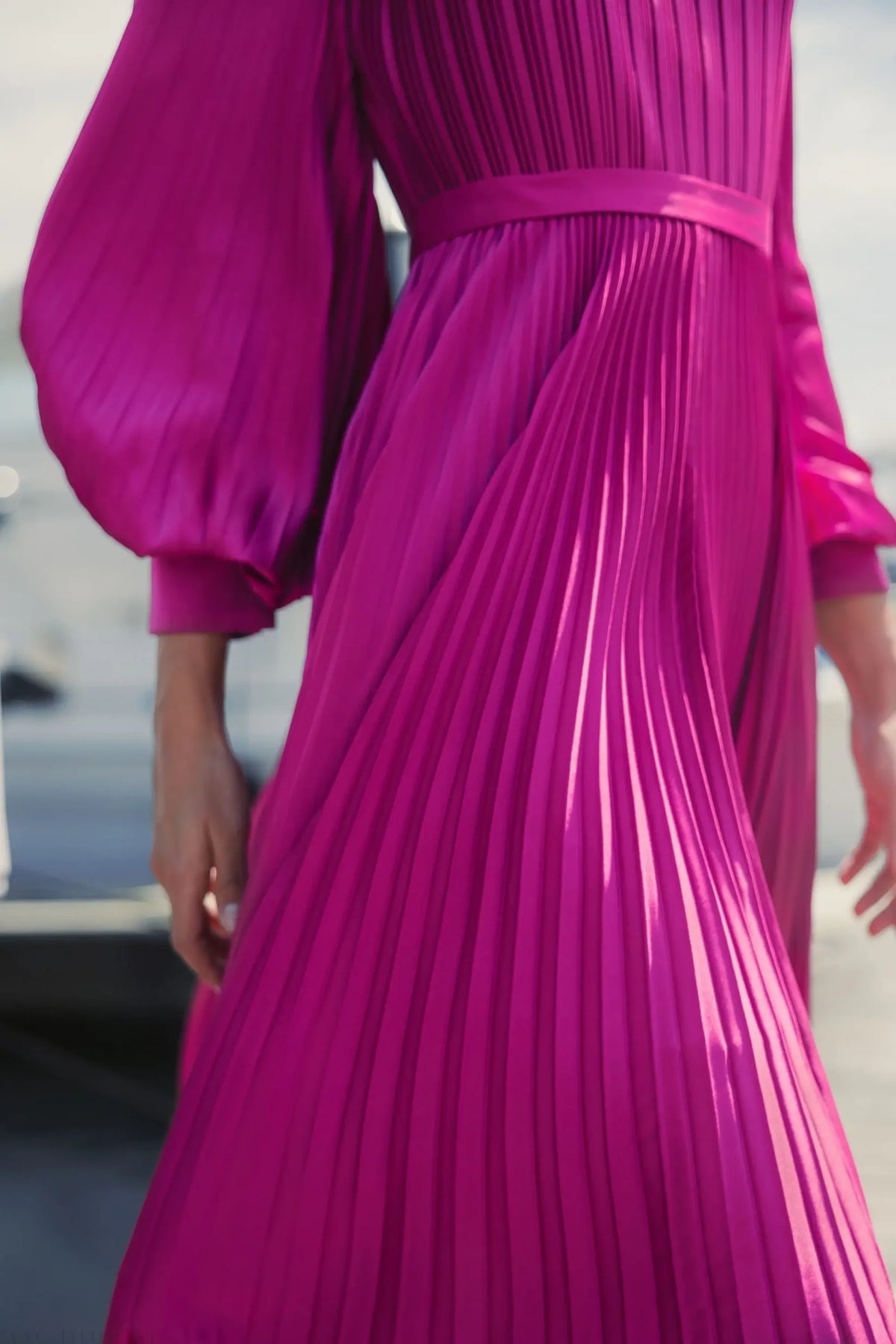 Pink long sleeve pleated charmeuse dress