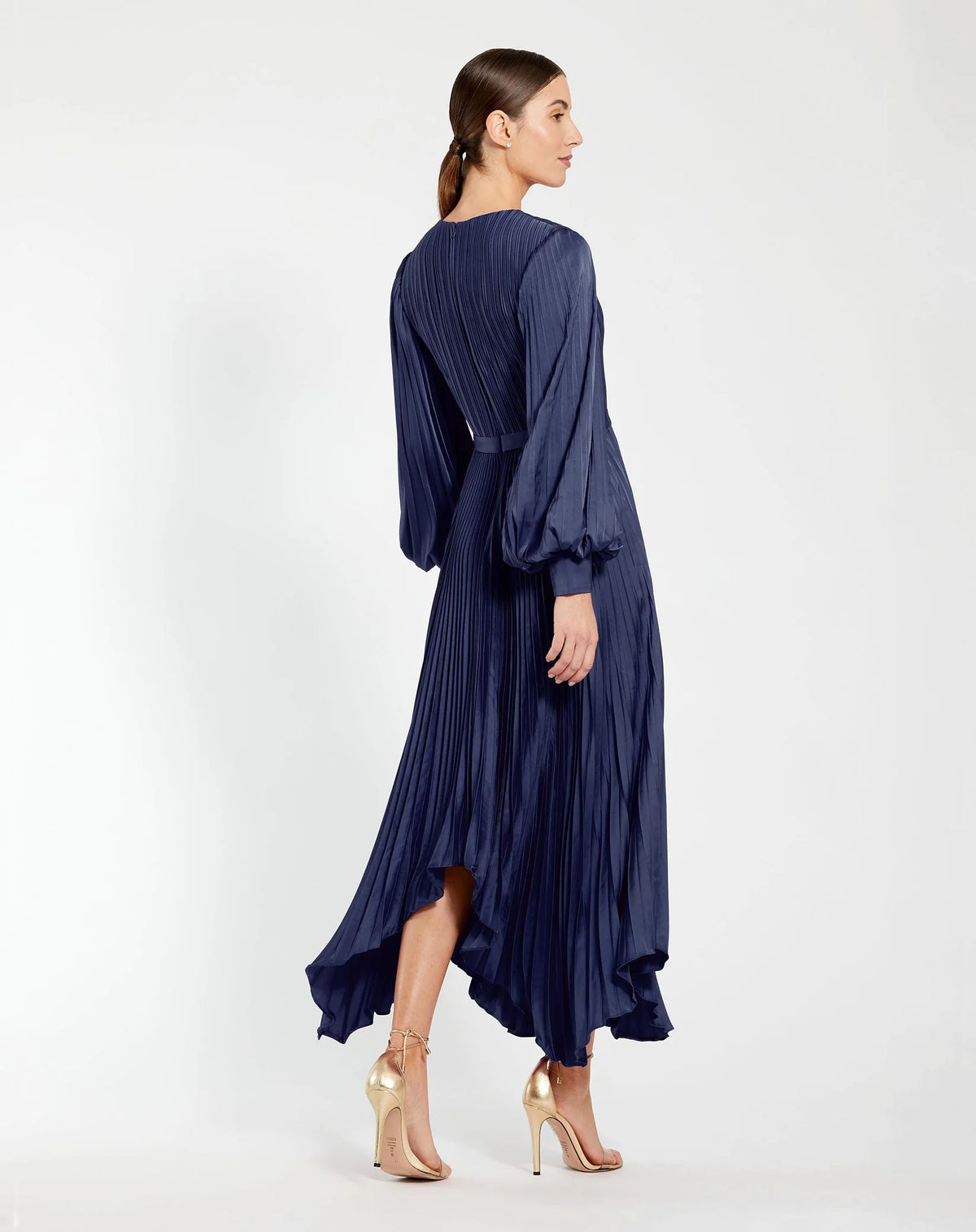 Navy long sleeve pleated charmeuse dress