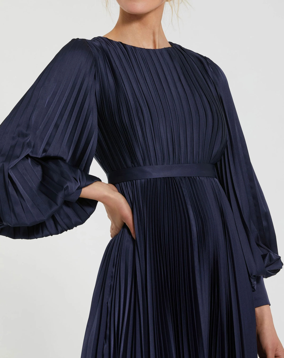 Long Sleeve Pleated Charmeuse Dress - Navy