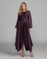 Mac Duggal #11638 plum pleated charmeuse handkerchief dress