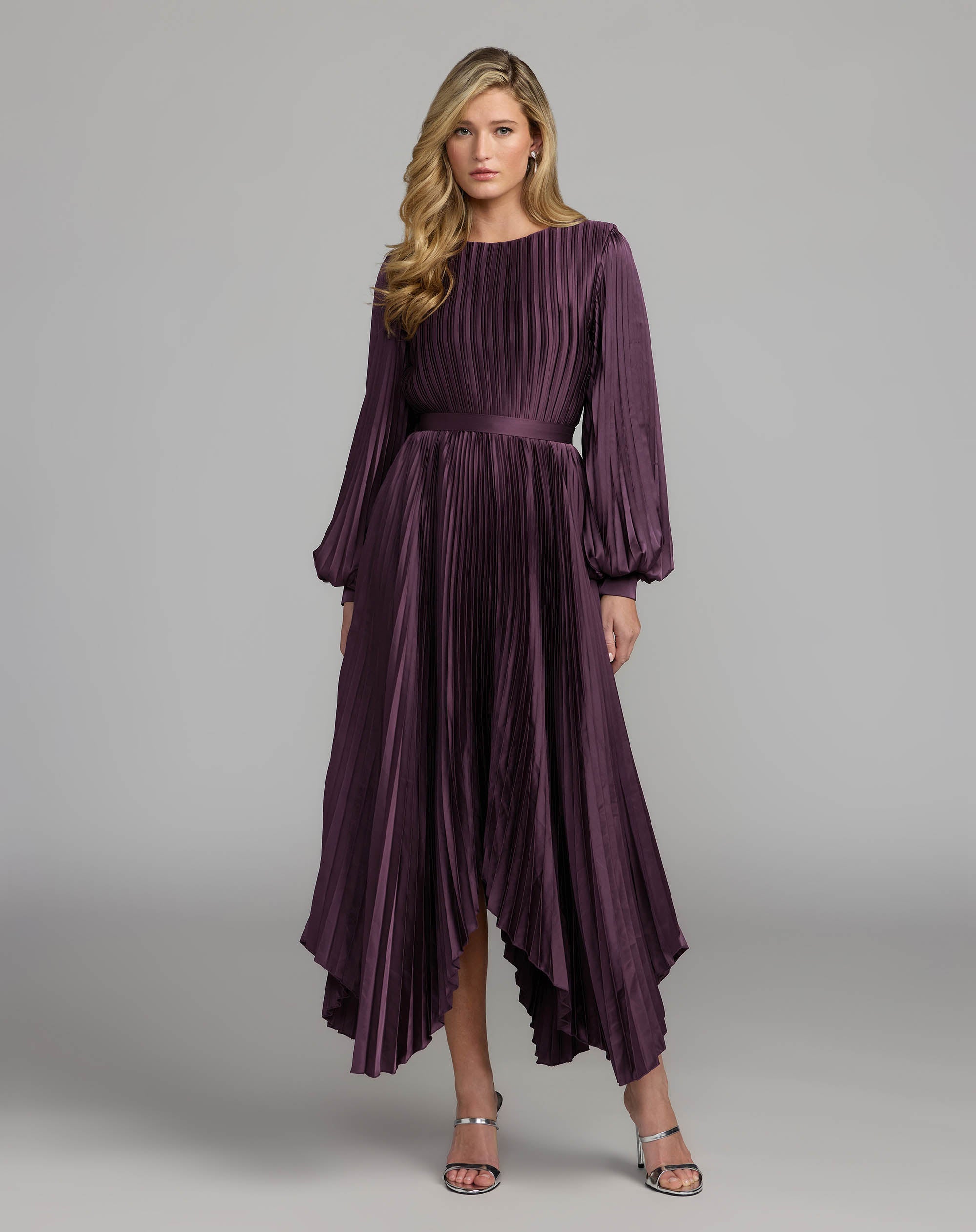 Mac Duggal #11638 plum pleated charmeuse handkerchief dress