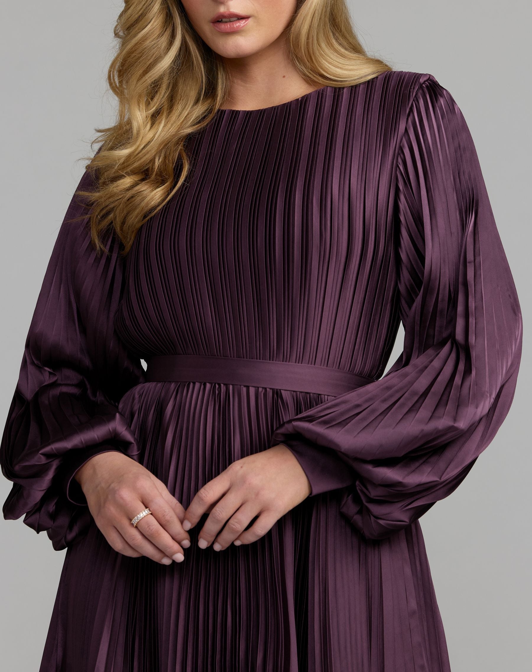 Mac Duggal #11638 plum high neckline and cuffed sleeve detail